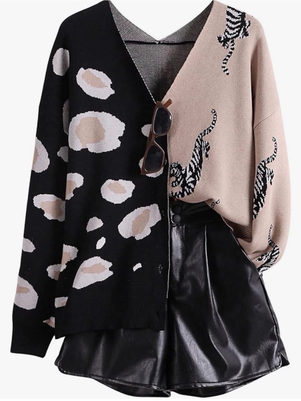 Two-Tone V‑Neck Knit Cardigan Sweater - Black & Beige